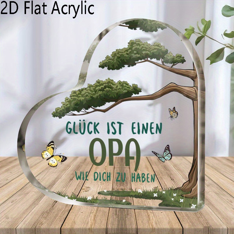 E-shop 2D-Flach, . herzförmiges Acrylschild mit „OPA“-Zitat, Tischdeko mit Baum & Schmetterling, durchsichtiges Acryl, für Schreibtisch, Regal,