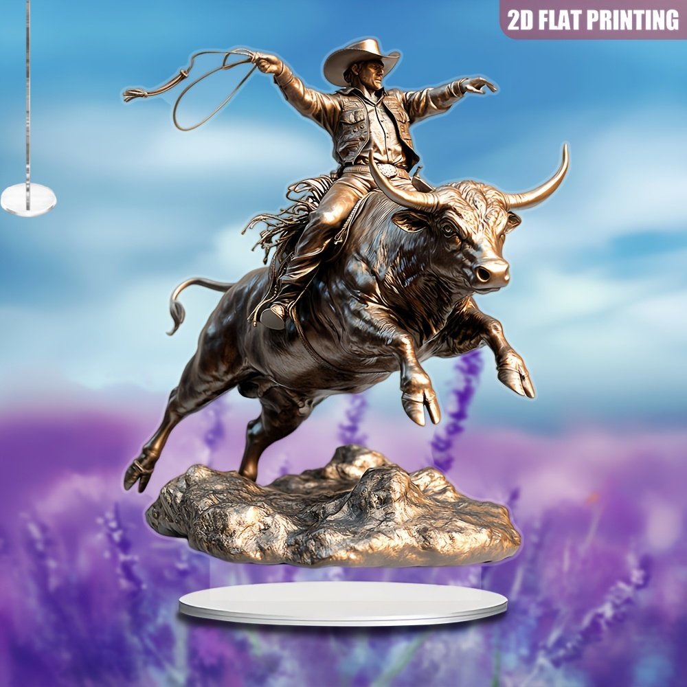TEMU 2d Flat, 1pc Of 2d Flat Acrylic Ornament Featuring A Western Cowboy Riding A Bull, With A Base For Decoration, Acrylic Sun Catcher Sign, Perfect