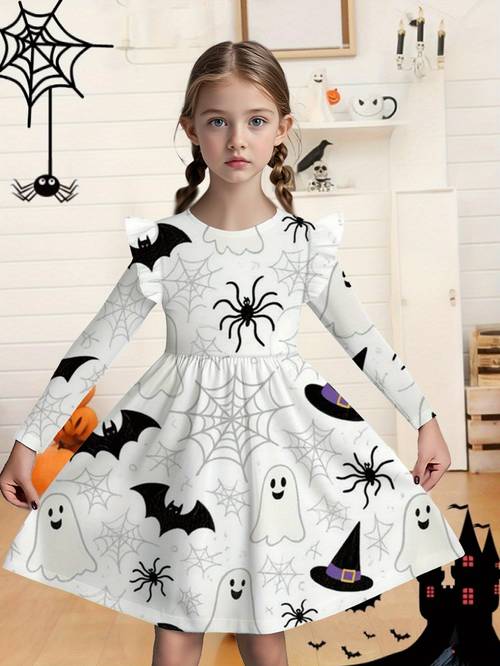 halloween new autumn fashion cool cartoon figure lace sleeve dress holiday spring autumn birthday festival halloween christmas random print suitable for casual sports outdoor