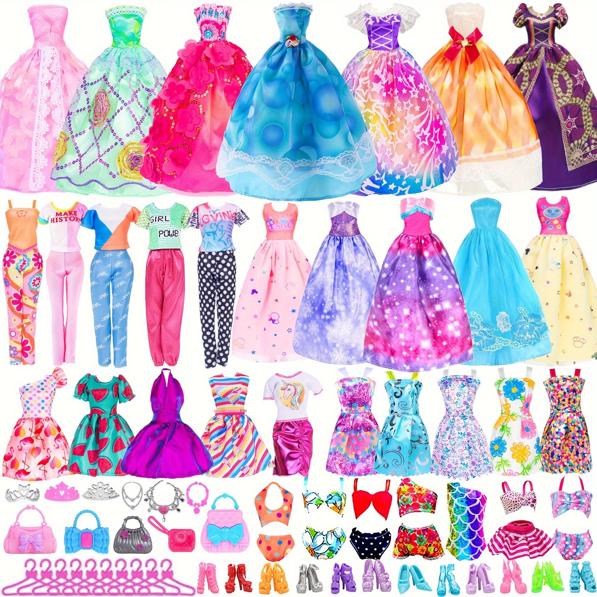 TEMU 48pcs 11.5 Inch Girl Doll Clothes And Accessories Including 2 Long Princess Dress, 2 Skirt, 2 Tops 2 Pants, 5 Slip Skirts, 2 Bikinis And 33pcs Doll Accessories (no Doll)