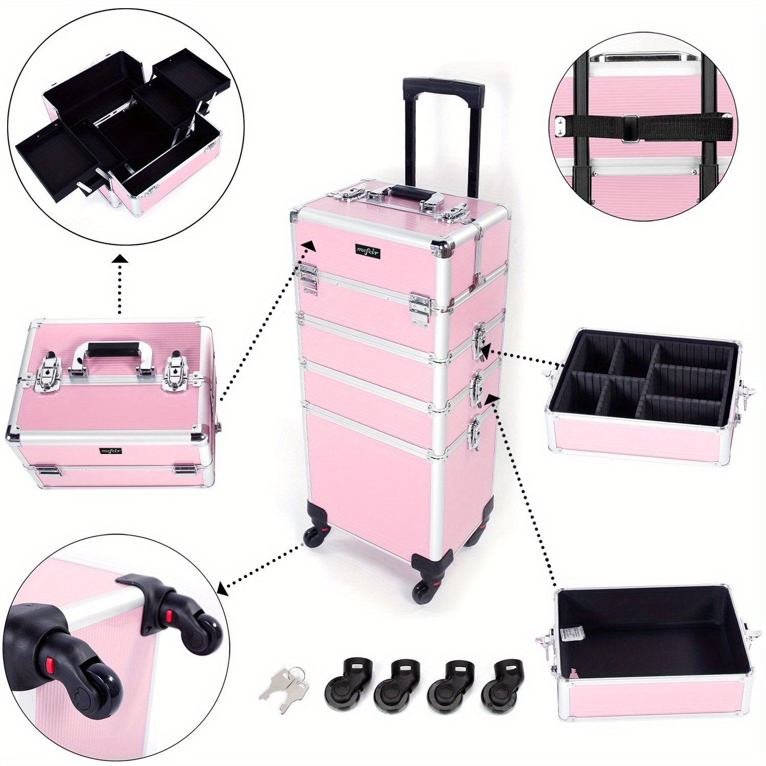 

Professional Makeup Train Case With Wheels - Aluminum Cosmetic Organizer For Beauty Artists, & Salon Owners - Waterproof, Hypoallergenic With Lockable Storage Compartments