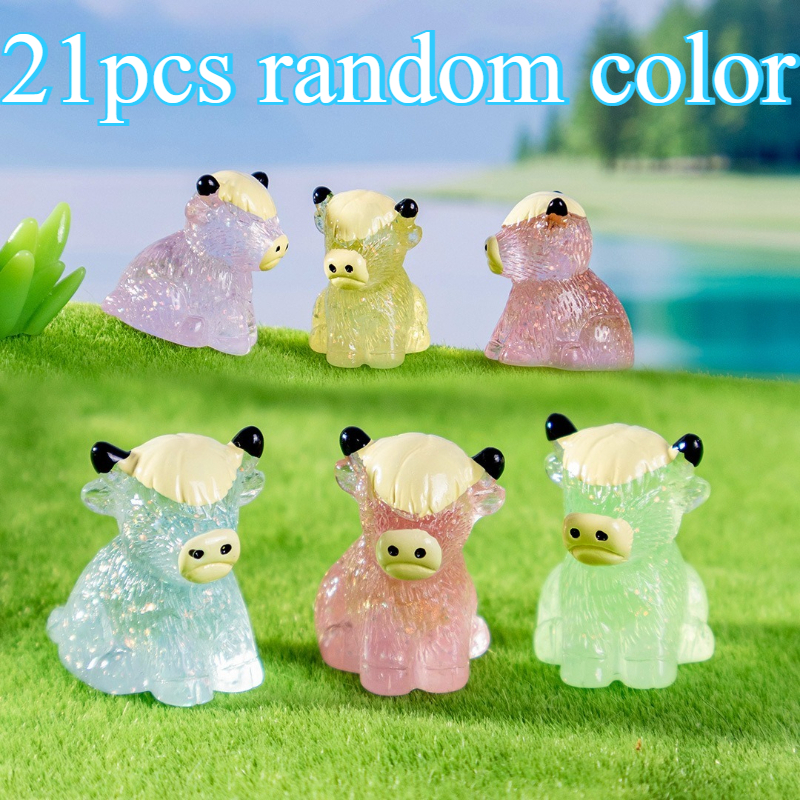 21pcs Random Color Cute Glittering Car Ornament - Mini Resin Glittering Yak Ornament, Colorful Crystal Bull Decoration, Suitable For Car Dashboards, Office Desks And Homes
