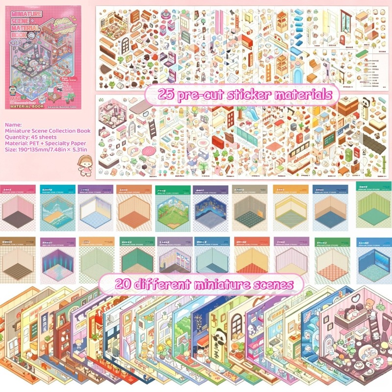 TEMU Ensemble de livre de paysage de maison miniature 3D de 45 pièces, 20 grandes scènes miniatures, 25 feuilles d'autocollants, autocollants de