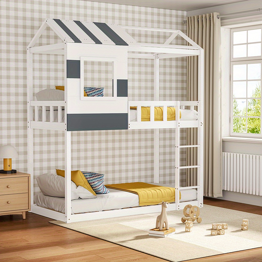 1pc Contemporary Double Over-Double Bunk Bed with Ladder, No-Box-Spring Required, Hardwood and Artificial Board Construction, Teen Age Range, Easy Access Design, Wooden Materials, No Electricity Needed