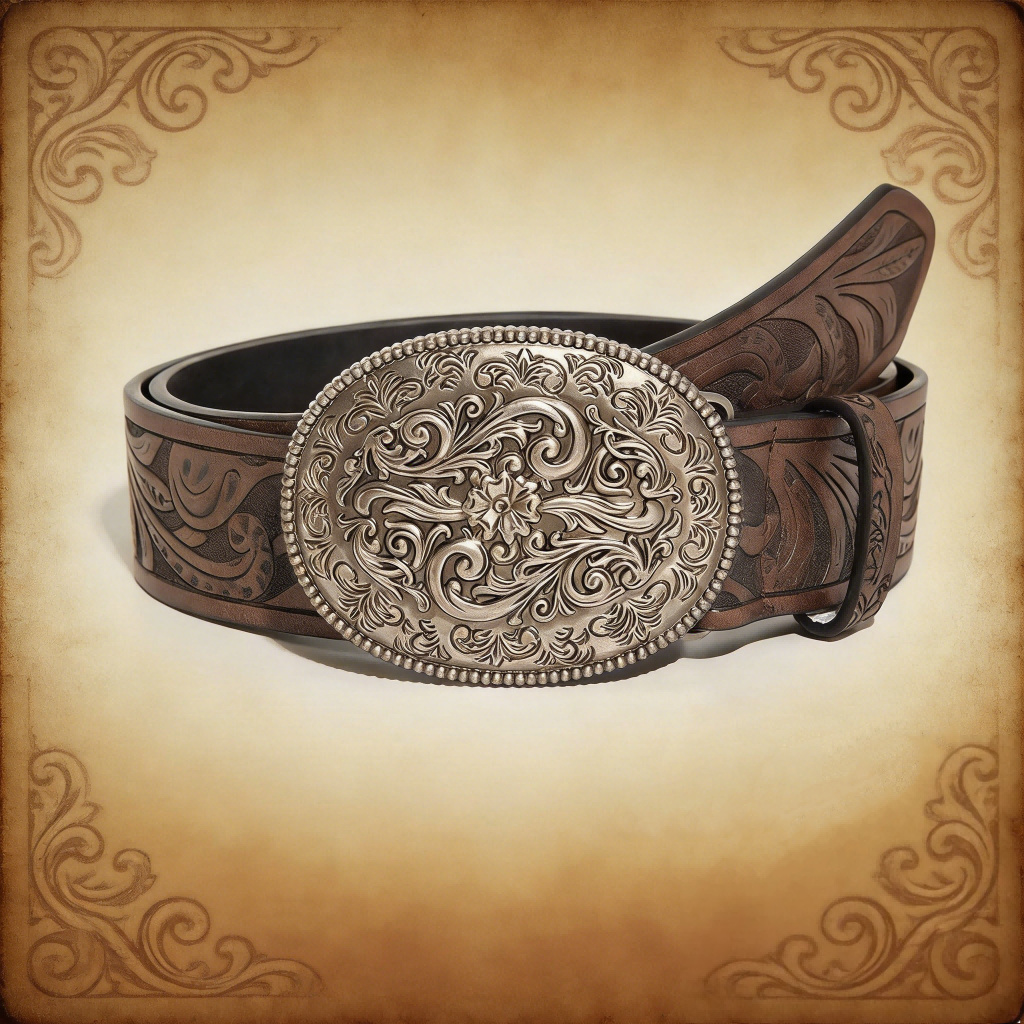TEMU Women's Vintage Western Cowboy Belt, Brown Floral Embossed Belt With Engraved Silvery Floral Buckle, Boho Daily Waist Belt For Jeans