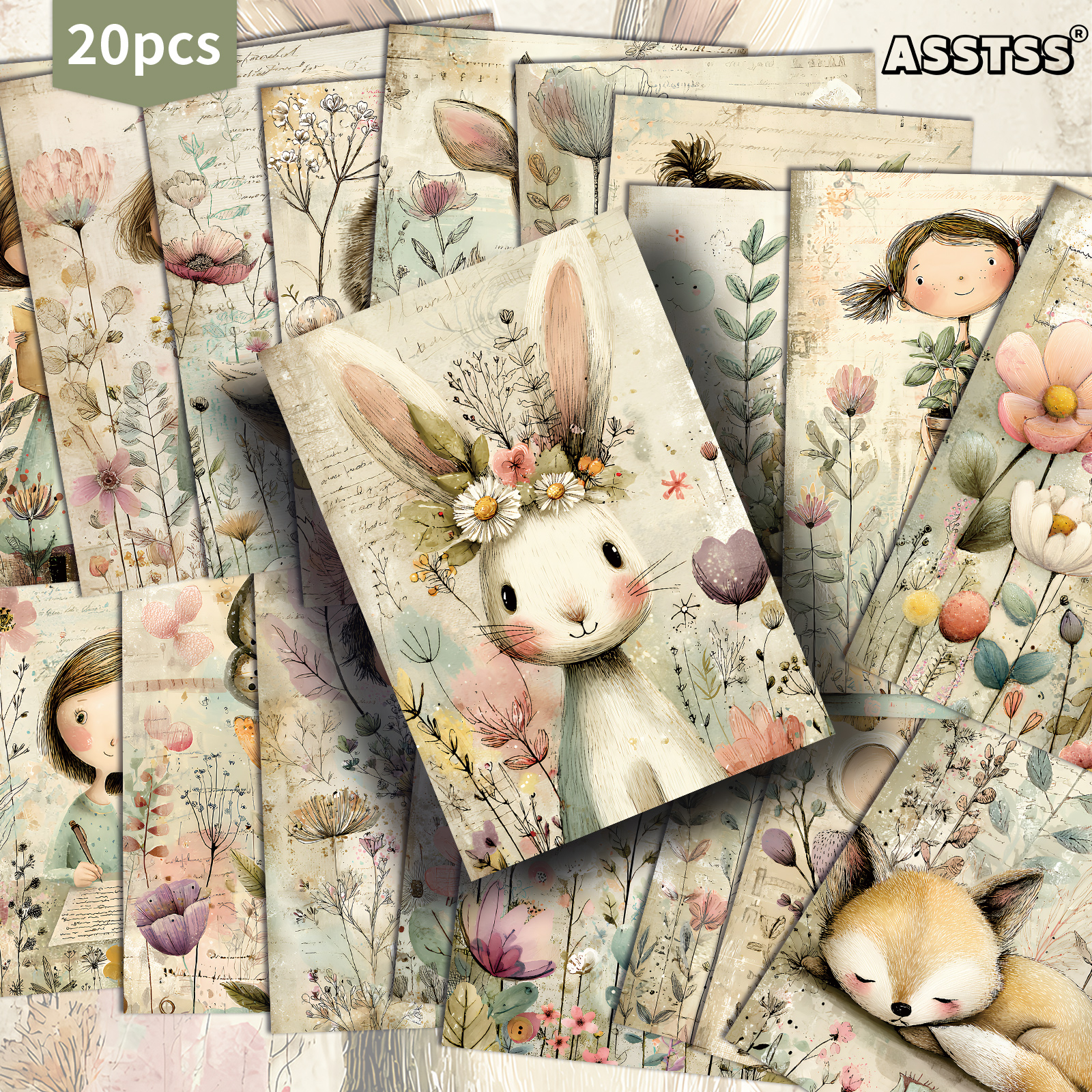 TEMU 20-pack Asstss Vintage Spring Girl Animal And Flower Gift Card - 4x6 Inches Retro Junk Journal Paper, Classic Pinup Illustrations Collectible