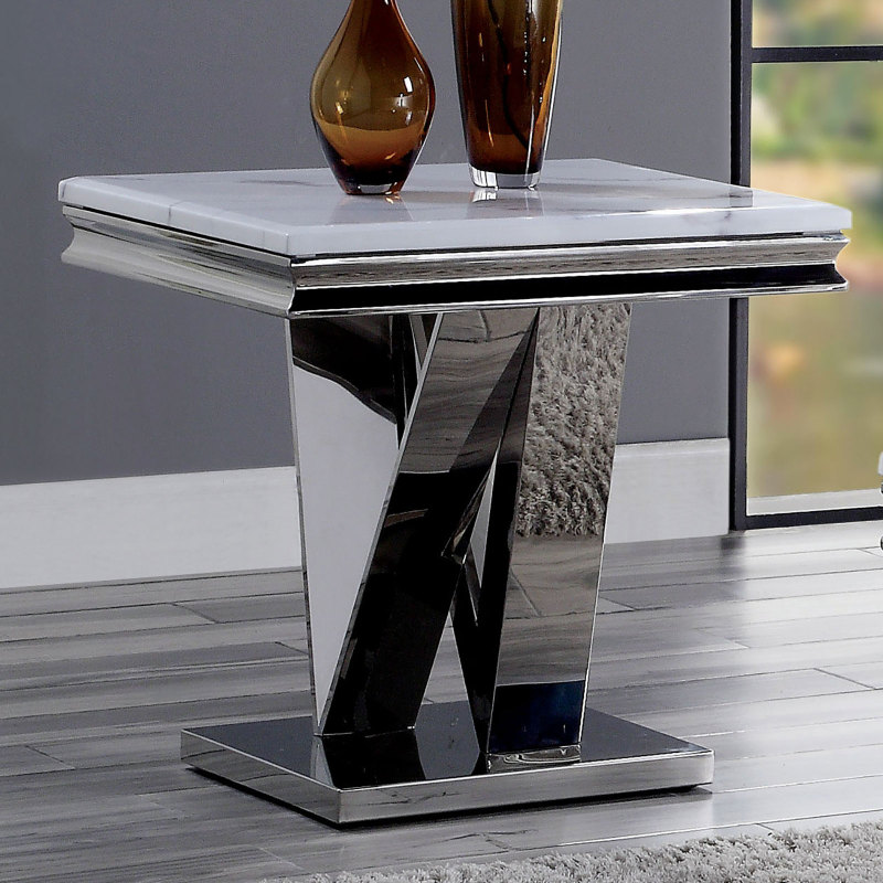 1pc End Table Modern Glam Style 18Mm Faux Marble on Top Rectangular V-Shape Pedestal Base Stainl Steel Metal Structure Chroma End Coffee Table-Not Included