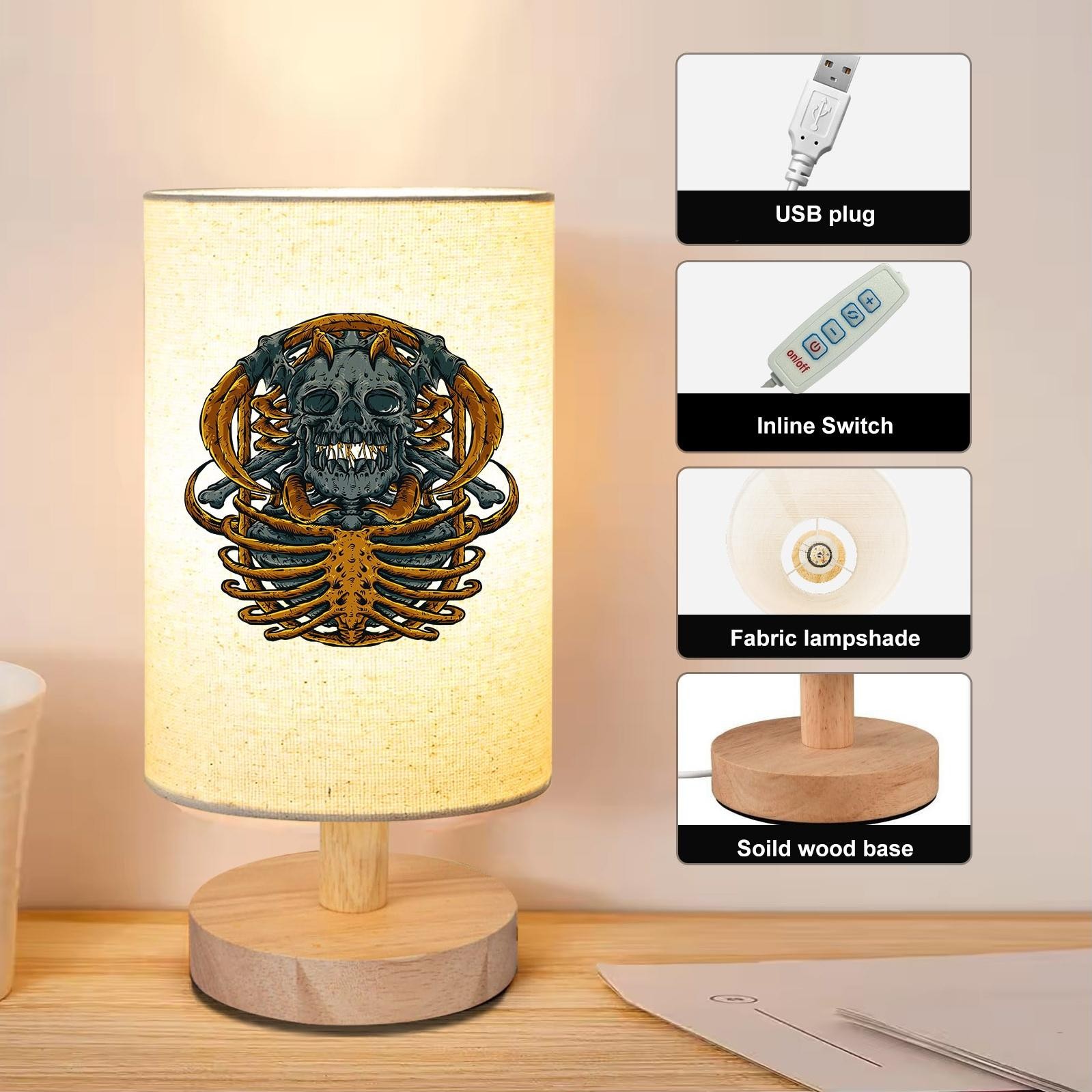 Gothic Macabre Skull Skeleton Pattern Wooden Table Lamp, Decorative Light