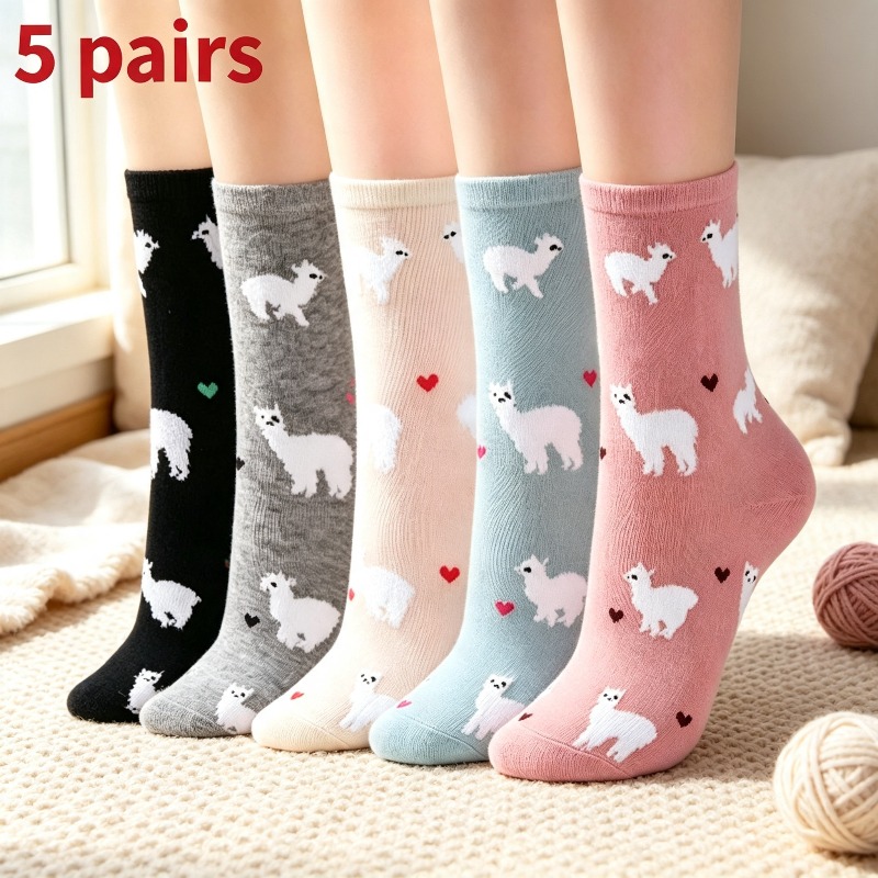 TEMU 5 Pairs Colorful Cute Alpaca Pattern Long Women's Casual Calf Socks, Soft Socks, Suitable For, Travel, Home Relaxation, And Gifting, Ideal