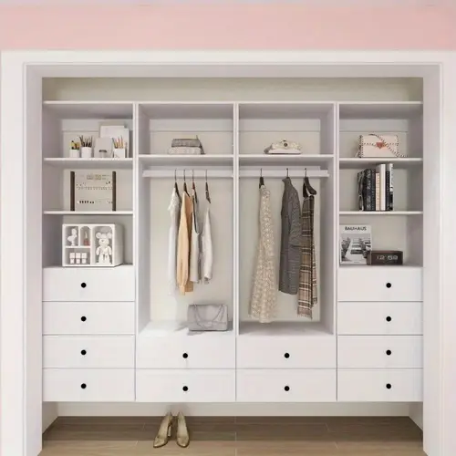 wall mounted closet organizer system with drawers shelves space saving white wardrobe storage for bedroom durable wood easy assembly for small spaces large rooms closet organizers and storage