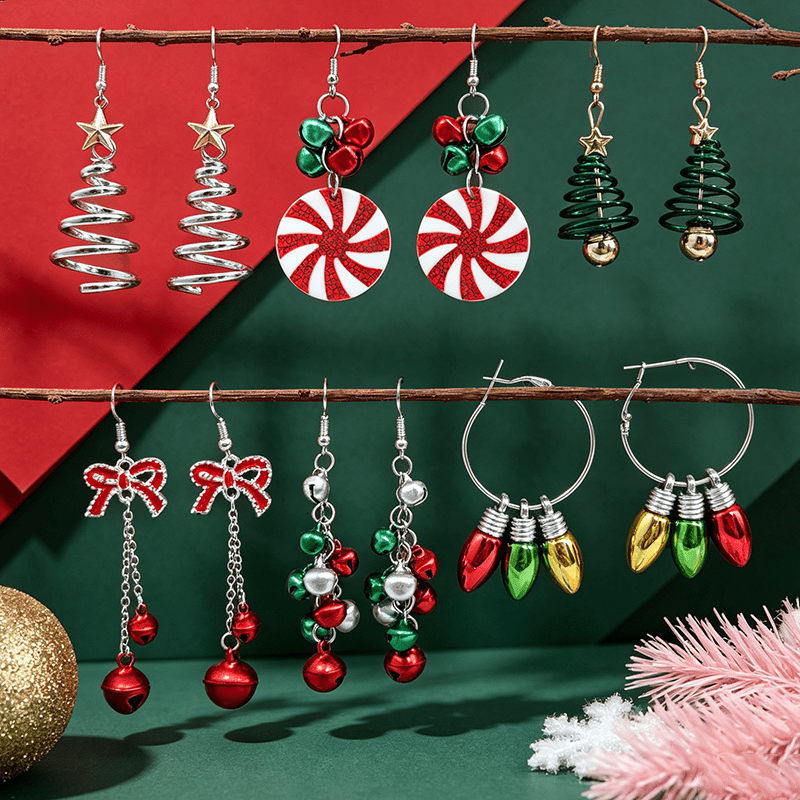 TEMU 6 Paires de Boucles d'Oreilles Noël Argentées avec Fil et Cloche Colorée, Arbre de Noël Vert pour Fête de Noël, Ampoule Rouge Verte Jaune,