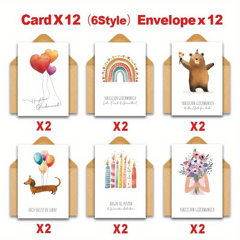 Image of German Birthday Cards With Envelopes - 24pcs Set Featuring Watercolor And Animals Design, All-occasion Bulk Note Cards For Family, , Women, Men, And Thank You Occasions