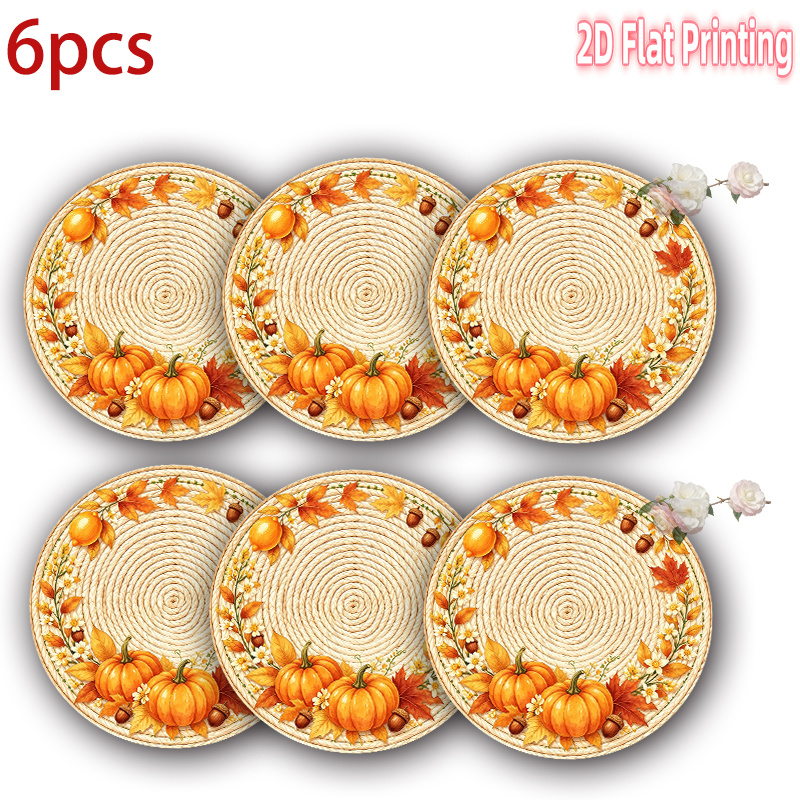TEMU 4-6-8pcs 2d Printed Placemats Rustic Autumn Pumpkin Wreath Orange-15 Inch Polyester Washable Durable Table Mats, Decor For Home, Wedding,