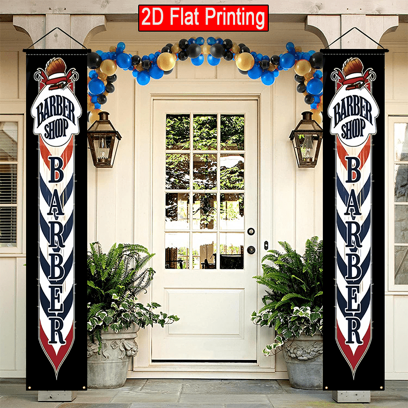 TEMU 2d Flat - 2d Flat - 12x70.8 Inches 2d Flat 2pcs Barber Theme Porch Banner Featuring Barber Shop Text, Perfect For Outdoor Restaurant And Event