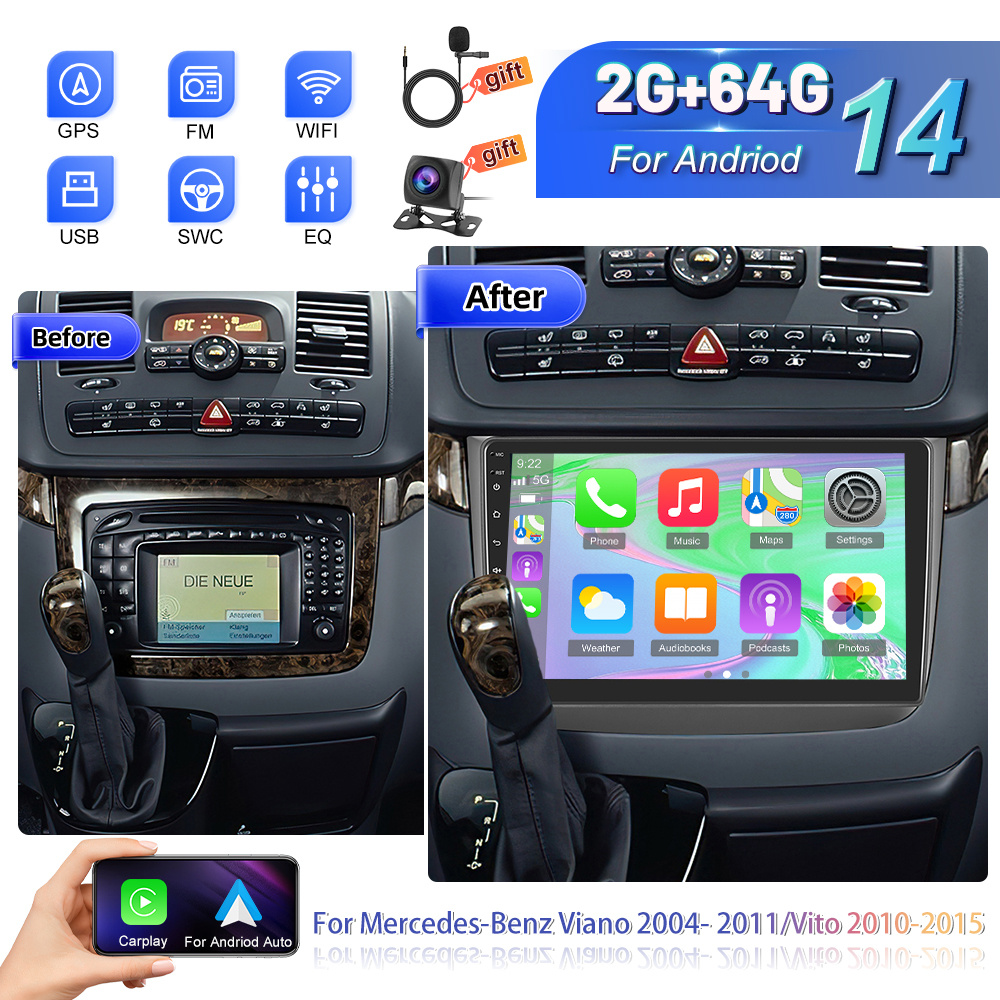 Image of 2g + 64g Stereo Radio Double Din For Mercedes-benz Viano 2004- 2011/ 2010-2015 With , 10.1 Inch 2 Din 14 Car Radio With Bluetooth/wlan/fm/eq/26 Ui/dual Usb + Car Frame+ Ahd Reversing Camera + Mic
