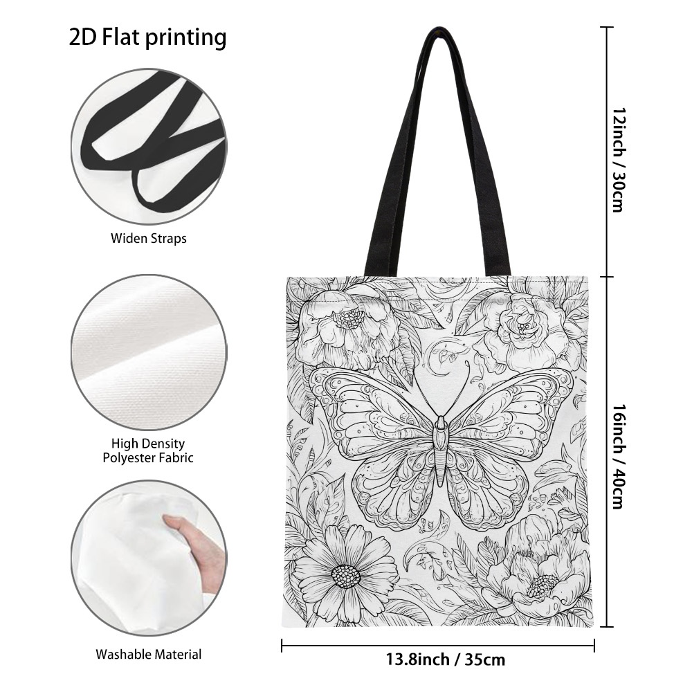 TEMU 1pc Trendy And Flowers Sketch Illustration Tote Bag - Durable Reusable Grocery Bags With Colorful Print, Foldable Polyester Shoulder Bag Perfect