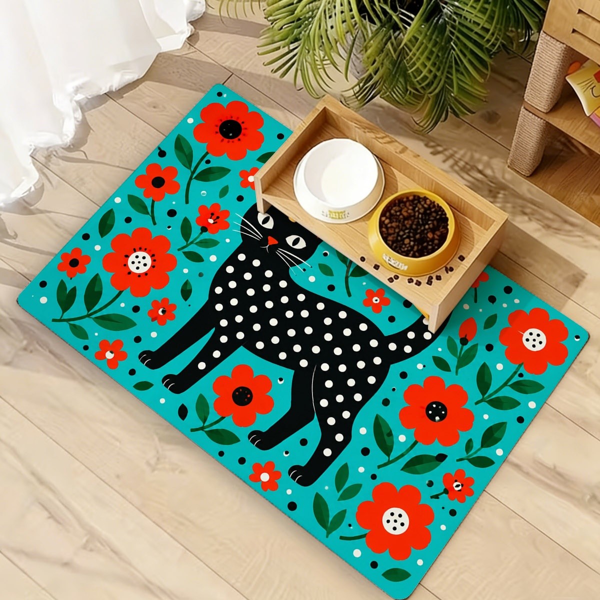 TEMU Fun And Black And White Polka Dot Cat With Red Flower Pattern Diatomite Pet Feeding Mat, A Practical Cat Feeding Utensil Available In Multiple