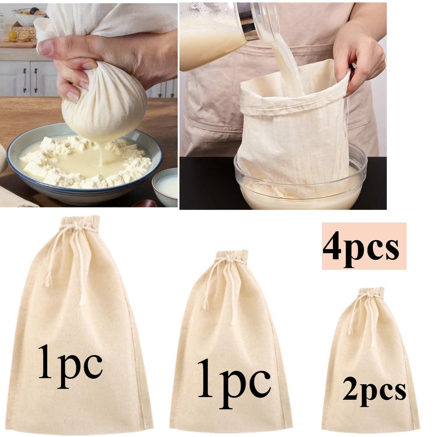 TEMU 4 Sacs Filtres Réutilisables en Gaze - 3 Tailles, Essentiels de Cuisine - Utilisés pour le Filtrage, , , le Yaourt, , le Filtrage du Vin et la