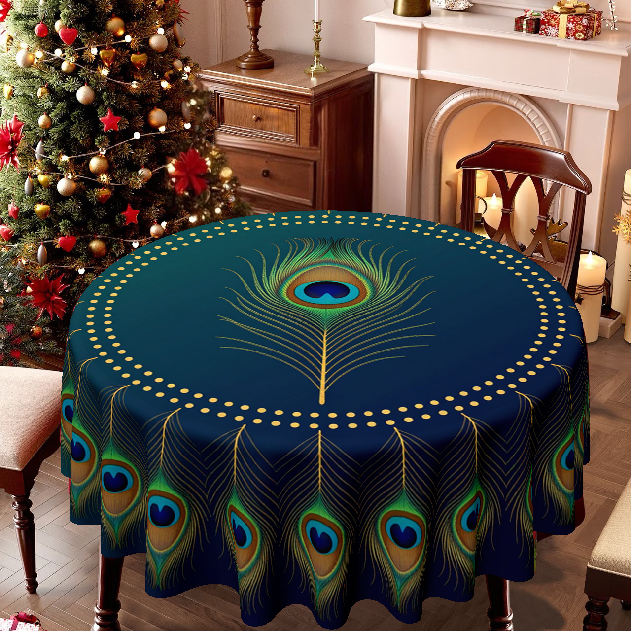 TEMU 1 stuks Ronde Tafelkleed met Pauwverenpatroon. 2D Platte Print, Perfect voor Feestelijke Decoratie, Eettafel, Keuken, Feesten en Dagelijks
