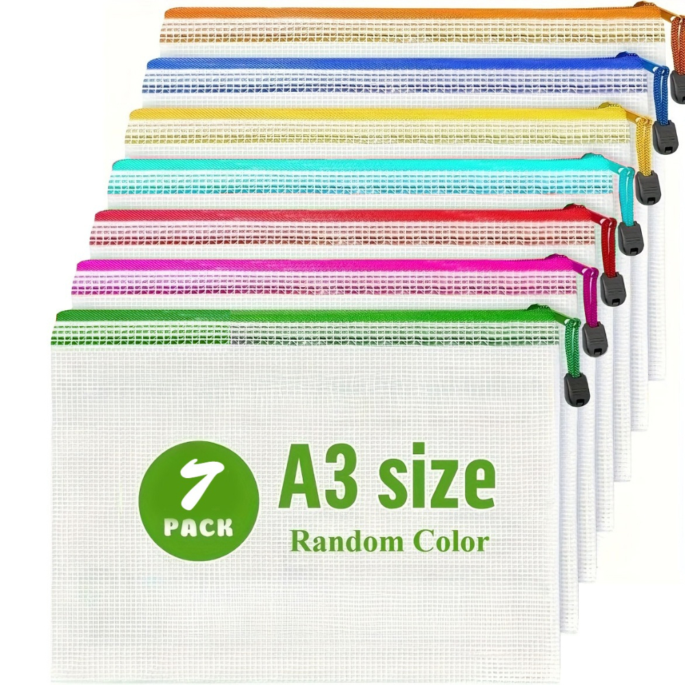 TEMU 7pcs Extra Large Clear Mesh Bags - A3 Size 42x30.5cm - Heavy Duty Random Color Zipper Pouches, Perfect For Storing Posters, Fabrics, Files -