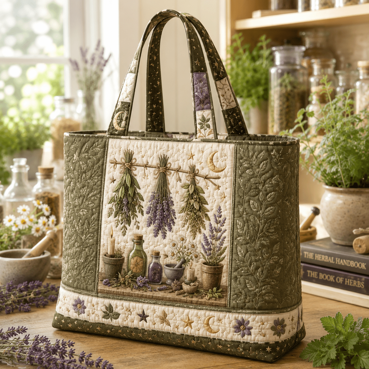 Image of 17 X 15 Inch Large Quilted Tote Bag For Women With Botanical Herbal Print, Perfect For Travel, Work, School, And Gym, Machine-washable Soft Bag, Ideal For Shopping, Daily Use, And Plant Shelf Storage