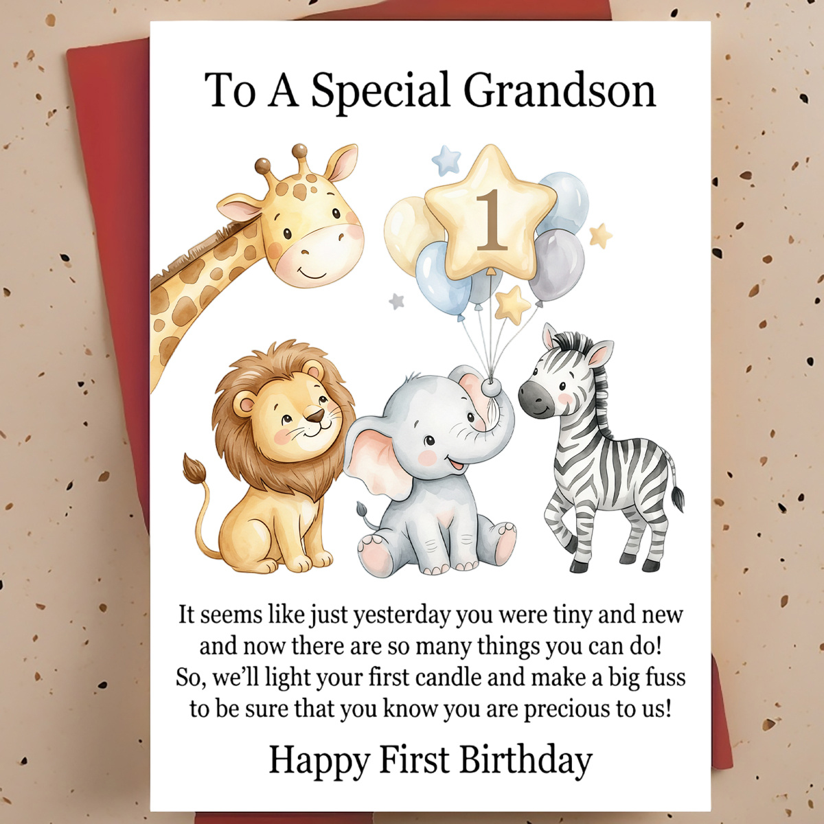 TEMU 1pc Sweet First Birthday Greeting Card For Grandson/grandchild – Cute Animals Watercolor Illustration, Warm Card, With Envelope