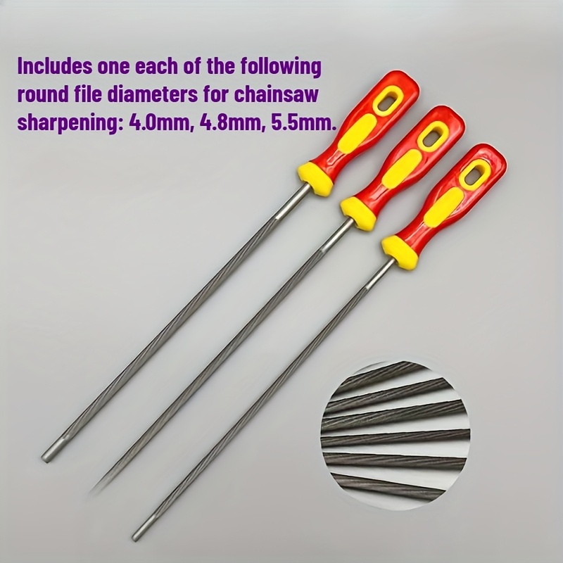 E-shop Kettensägen-Feilen-Set mit Griff, Holzfällersägen-Feile, 4,0/4,8/5,5 mm Durchmesser, elektrische Kettensäge kleine Rundfeile,
