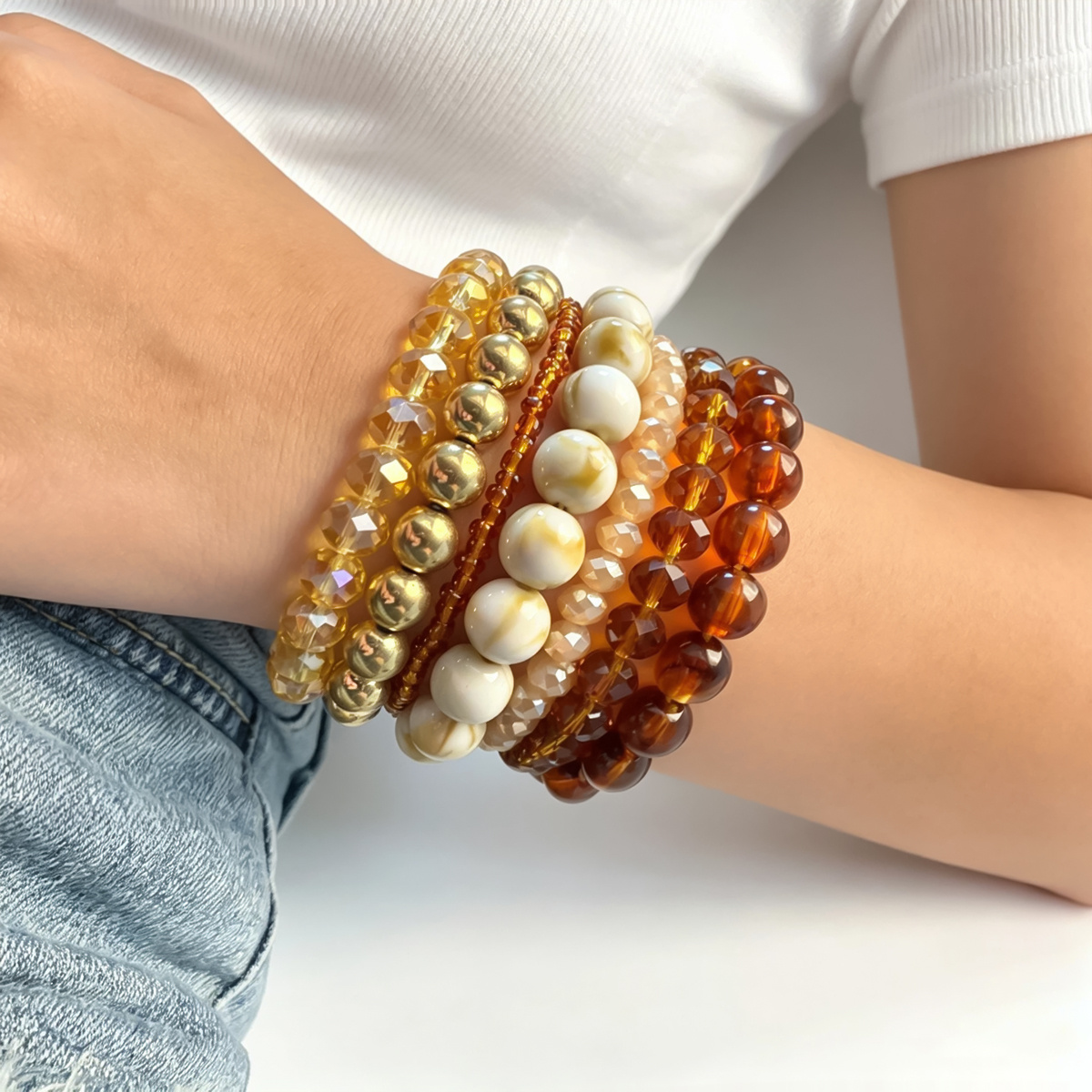 7pc Retro Caramel Color Beaded Bracelet Set