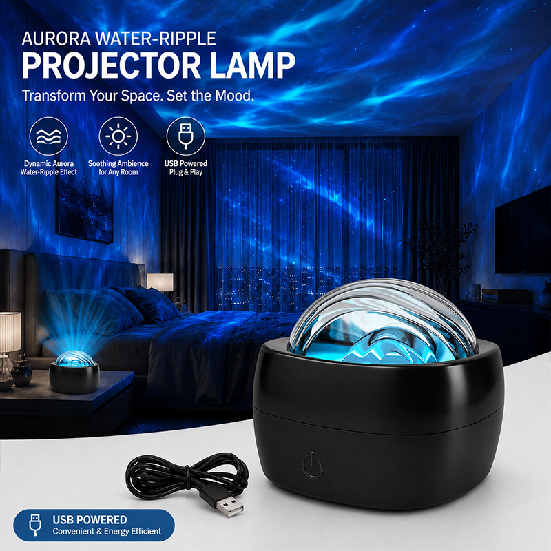 TEMU 1pc Dynamic Water Ripple Aurora Projection Light, Rgb Starry Sky Night Light, 7-color Changing Led Atmosphere Light, Usb Powered Touch Control