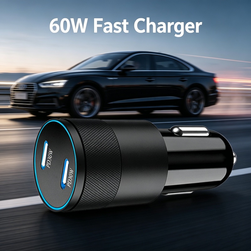 Image of 2 Ports Fast Car Charger, Type-c 60w Fast Charging, Mini Size With Blue , For Iphone 17/16 Pro Max/plus/15/14/13/12/11, Galaxy S26/s25/s24/s23 Plus/ultra