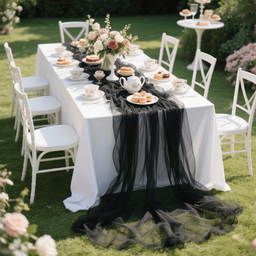 TEMU 1pc Black Tulle Table Runner, With Soft And Texture, Suitable For Indoor Light Luxury Banquet Main Table, Garden Afternoon Tea Long Table, Lawn