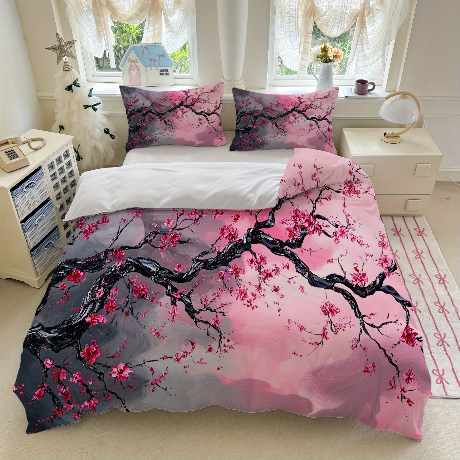 TEMU 3pcs Cherry Bedding Set Pink Floral Print (1duvet Cover   2pillowcase, Without Core) For Bedroom Decor