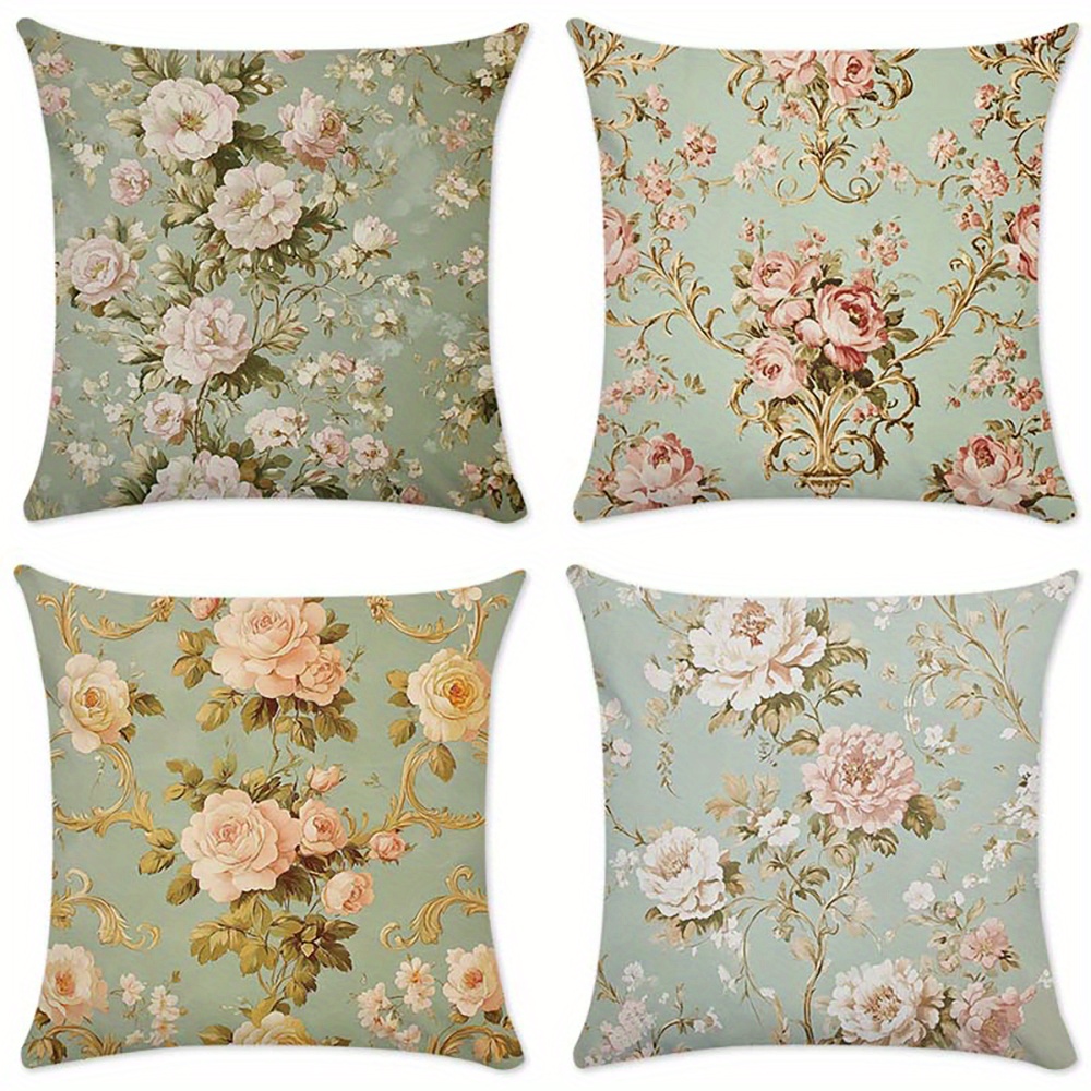 

4pcs Vintage Floral Throw Pillow Covers, Flower And Leaf Print Cushion Cases, Contemporary Style Zippered Polyester Decorative Pillowcases For Sofa And Home Decor, Machine Washable, 17.7x17.7 Inches