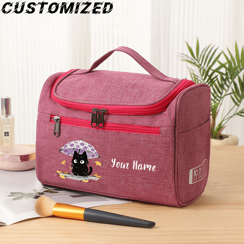 TEMU Custom Name, Personalized Black Cat Women's Small Handbag, Toiletry Bag, Travel Portable Makeup Bag, Double Zipper Closure, Large Capacity With