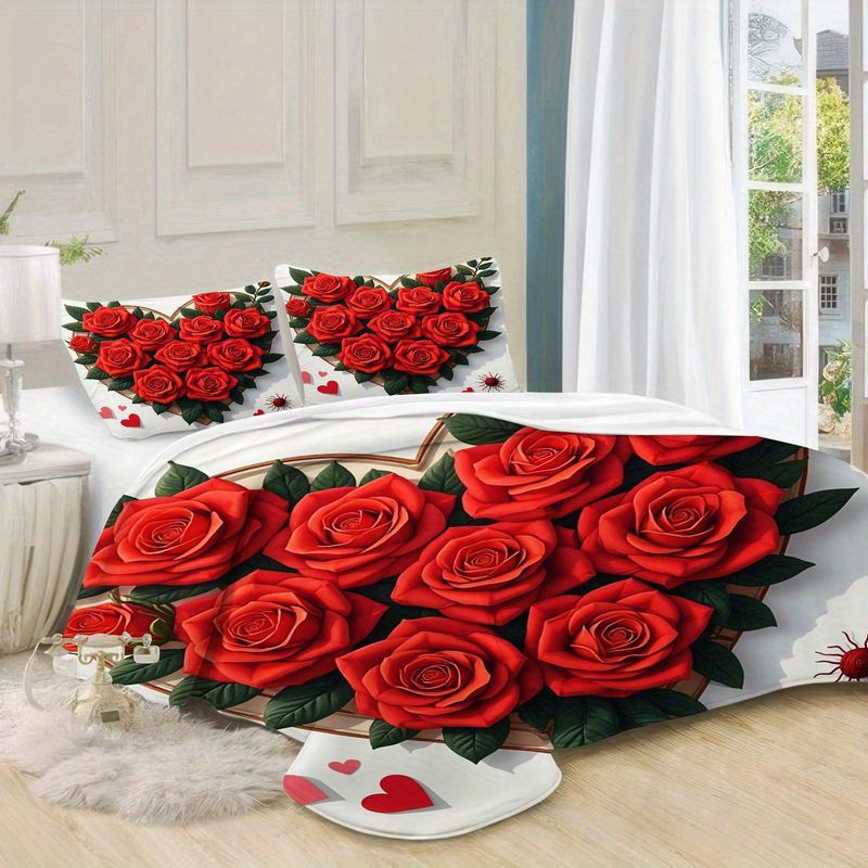 3pcs red   pattern bedding   design,   theme duvet   with pillowcases, soft microfiber fabric for master bedroom home decor, valentine s day wedding gift 1 duvet  +2 pillowcases, home decoration, bedroom decor,  , romantic decor, durable material, comfortable fabric, decorative bedding, pillowcase set,  , couples gift Product details 8