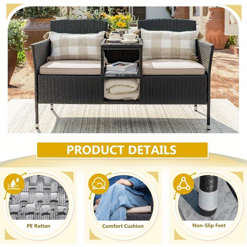 Outdoor Patio Loveseat Modern Rattan 2Seat Patio Conversation Set with Cushions and Builtin Coffee Table Porch Furniture for Garden Lawn Backyard Beige