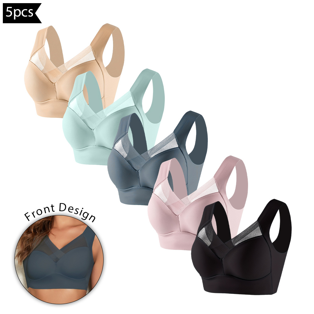 

5pcs Women's Lace Front Sports Bras - Wireless, Seamless With Wide Straps For Yoga &