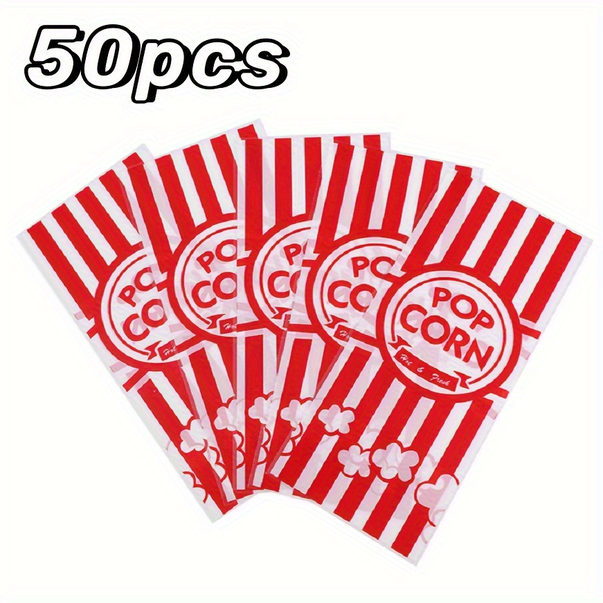 50 Popcorn Bags- Red And White Striped Cinema Style Snack Containers, Suitable , Parties, Weddings, Carnivals- Durable Plastic Popcorn Cups, Home Theater Decorations, Packaging, Wedding Additions