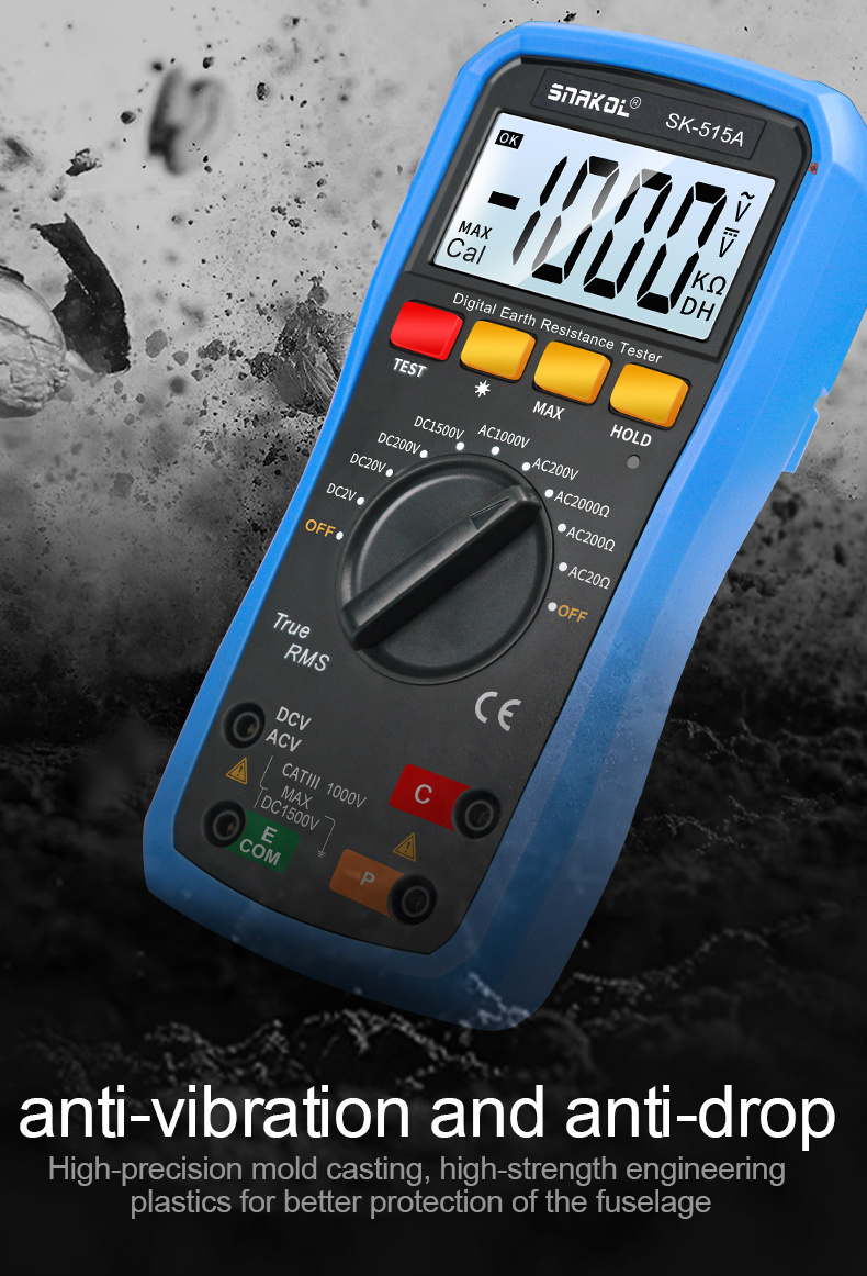 SNAKOL SK-515A Digital Earth Resistance Tester High Accuracy Measurement AC/ DC Voltage Detection Drop-proof Backlit Design