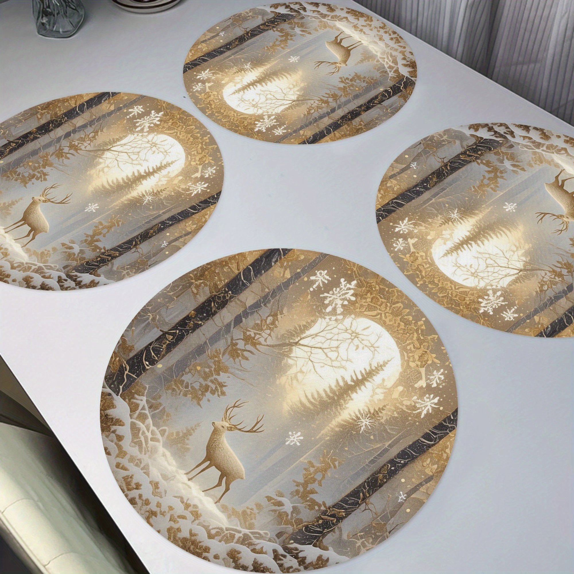 

4pcs Christmas Deer Placemats, Winter Round Table Mats For Home Decor Non-slip Washable Place Mats For Daily Banquet Party Dining Table Decoration 15