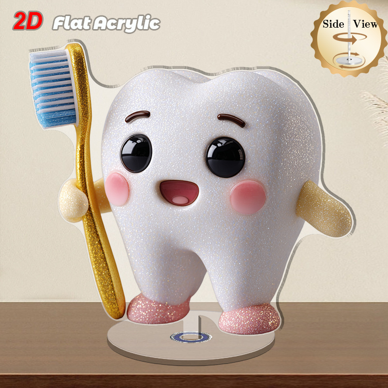 TEMU 2d Flat, Single Pack, Rotatable Acrylic Teeth And Toothbrush Desktop Decoration - Cute Dynamic Dental Decor, Suitable For Rooms, Dental , Or