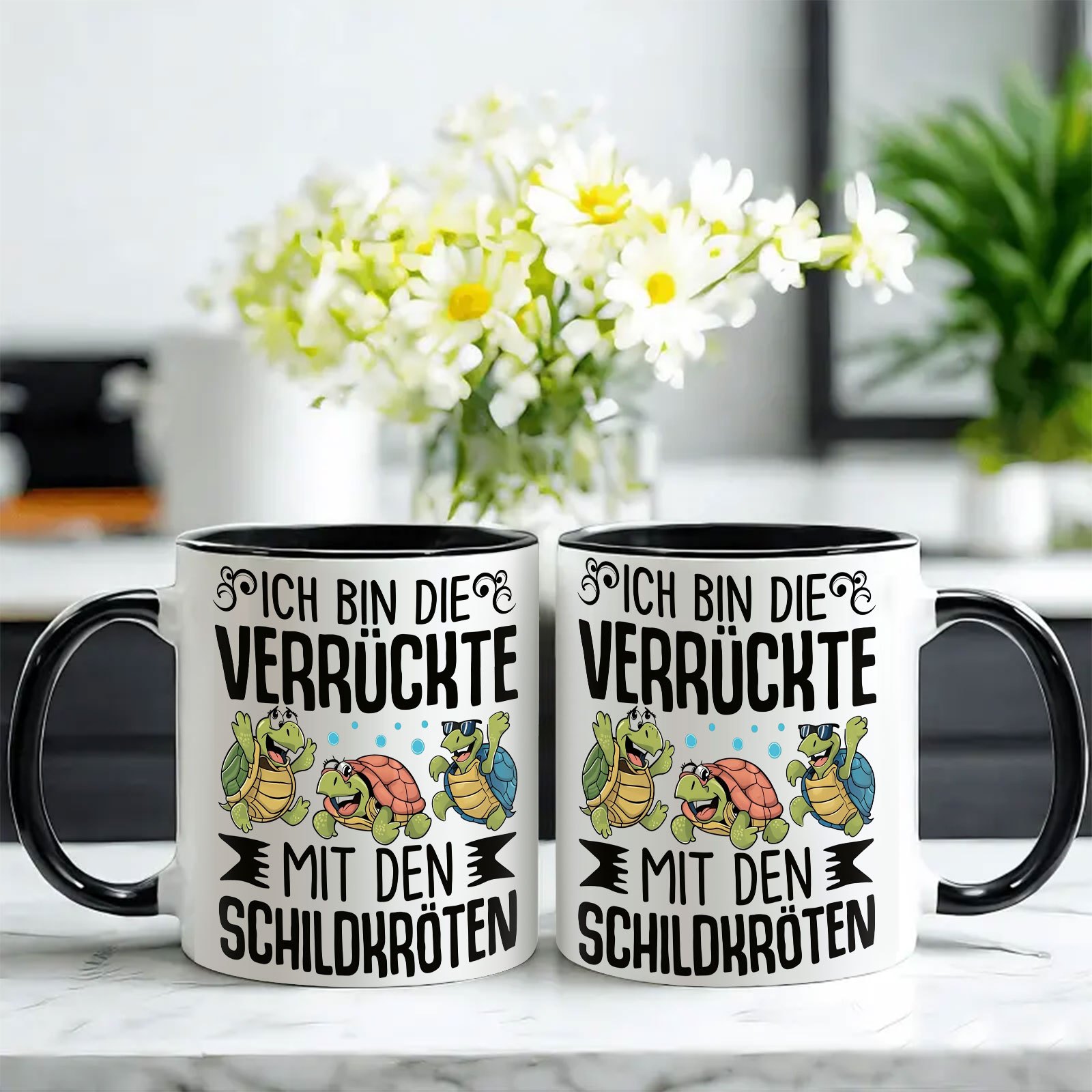 1pc 11oz White Mug With Black Handles, German " Lady" Slogan & Cartoon Turtles Print, Novelty Ceramic Coffee Mug, Funny Gag Gift For Turtle Lovers, 11oz Tea Cup For Home Or Office