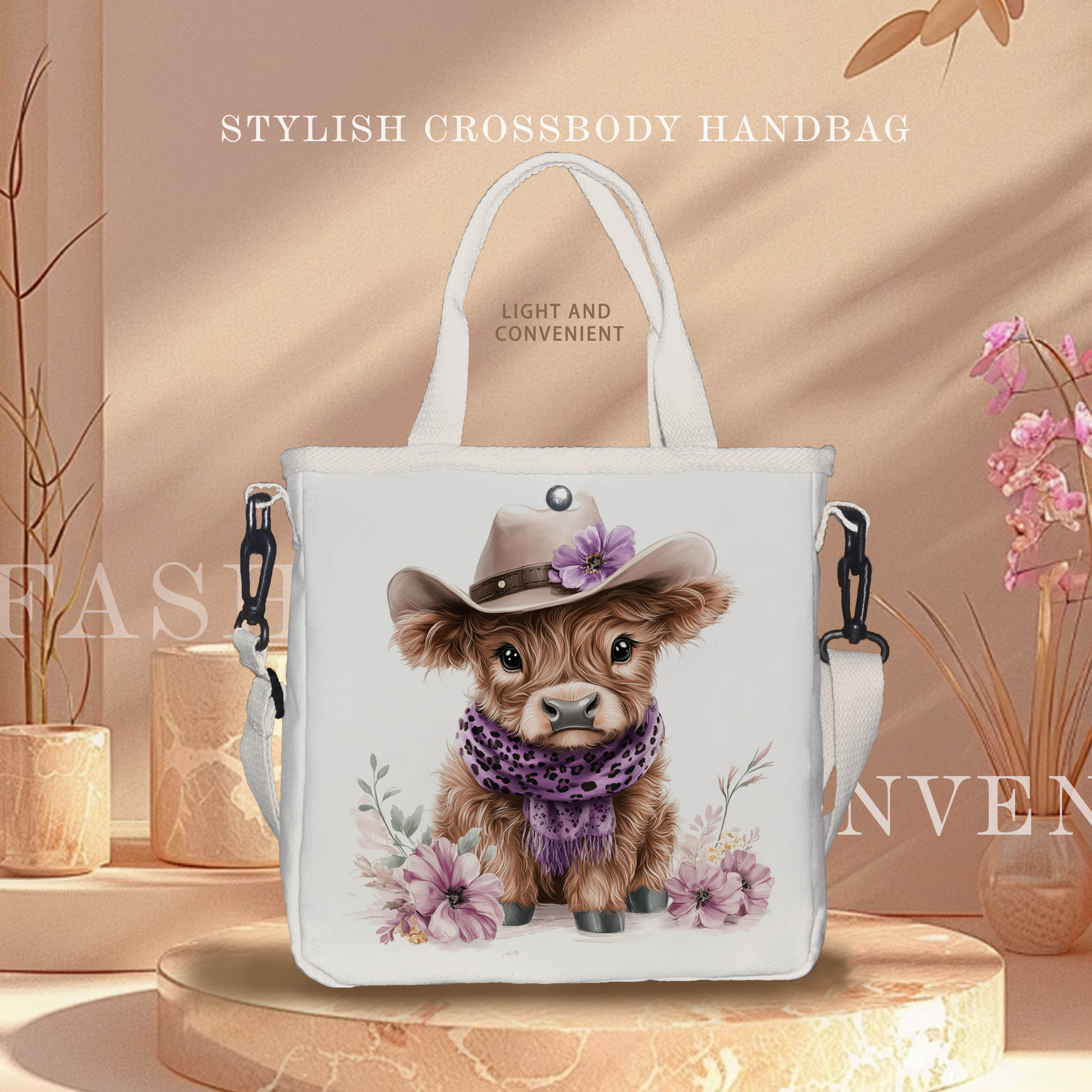 

] Chic Cartoon Cow Print Canvas Tote - Adjustable & Detachable White Shoulder Strap, Foldable Handbag With Metal Snap Closure - Casual , Polyester, For Use, Cow Print Purse