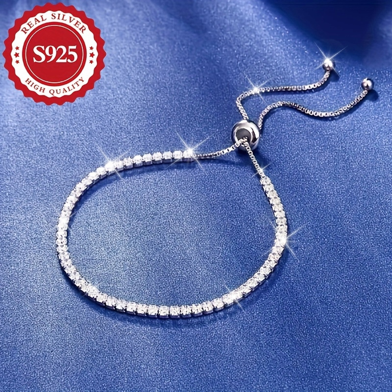 

Elegant And Adjustable 925 Silver Bracelet, Sparkling With Inlaid, Suitable For Women - Anti-allergic, And Sexy S925 Silver , Wear And Parties.