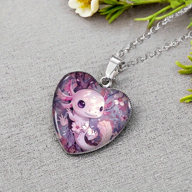 Image of 1pc Pink Flower Western Salamander Heart-shaped Necklace Glass Pendant Handmade Men's Jewelry