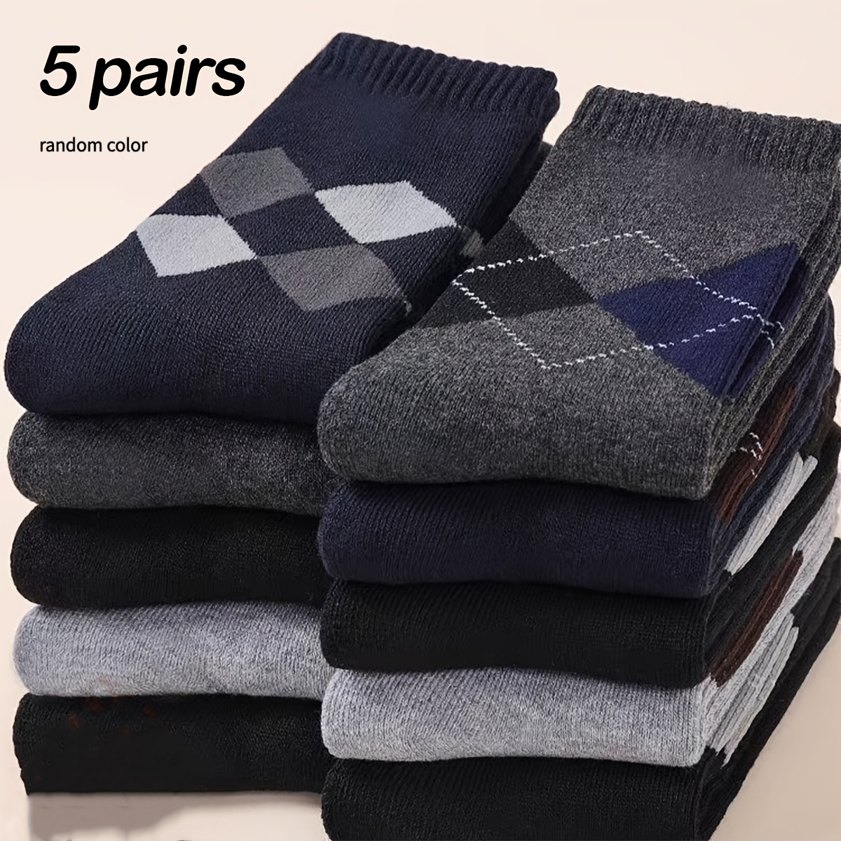 TEMU Random 5 Pairs Men's Mid-calf Socks, Argyle Knit Solid Color Socks, Business Casual British Vintage Style, Daily Versatile Instagram Style
