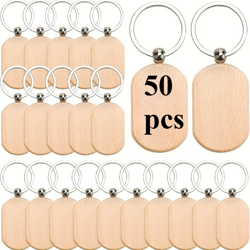 Dofiki 25/50pcs Unfinished Wooden Keychains - Diy Craft Rectangle And Round Key Tags, Wood Keyrings, Round Wooden Key Tag Blanks For Diy Crafts, Pyrography & Engraving
