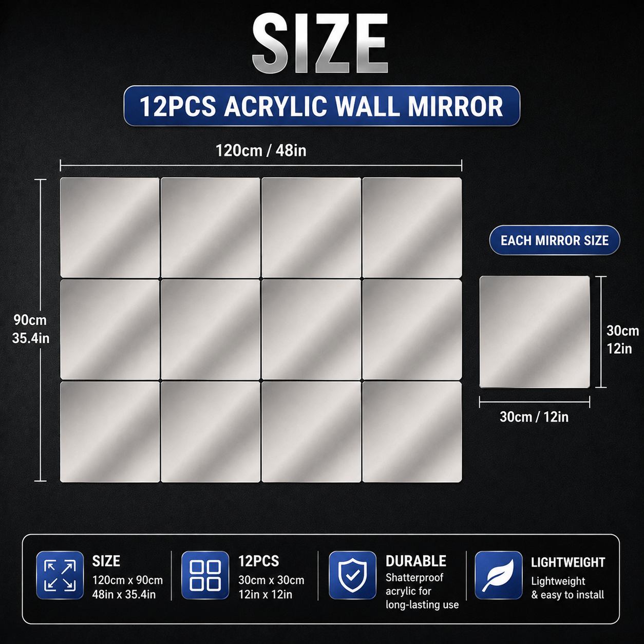 TEMU 36/12pcs Acrylic Mirror Tiles, Fitness Self-adhesive Electroplated Mirror Panels, Double-sided Pc Wall Mirrors, Frameless Reflective Mirror