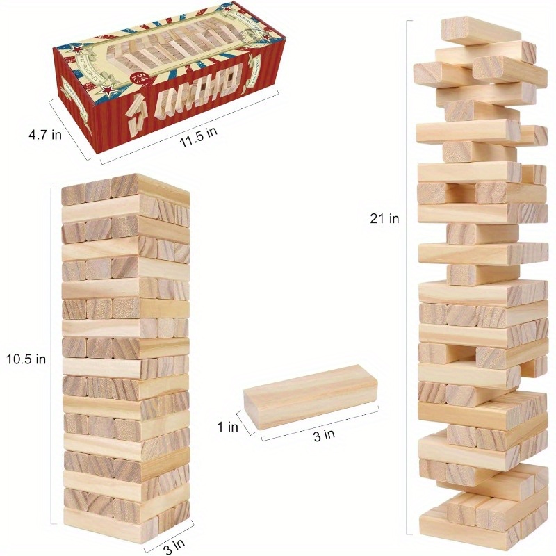 Tumble Tower Game for and Adults 54pcs Wooden Board Stacking Game for Family Games Night Classical Wood Blocks Game Standard Size