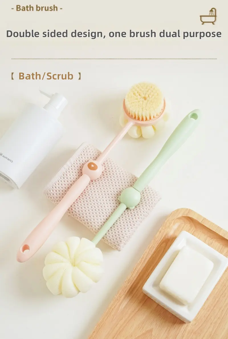 2 in 1 long handle shower brush luffa sponge with bear grip soft dense bristles anti slip hanging design for gentle exfoliating back scrub ergonomic bath shower tool shower accessories bathing accessory bathroom decor body scrubber hygienic material personal hygiene Product details 0